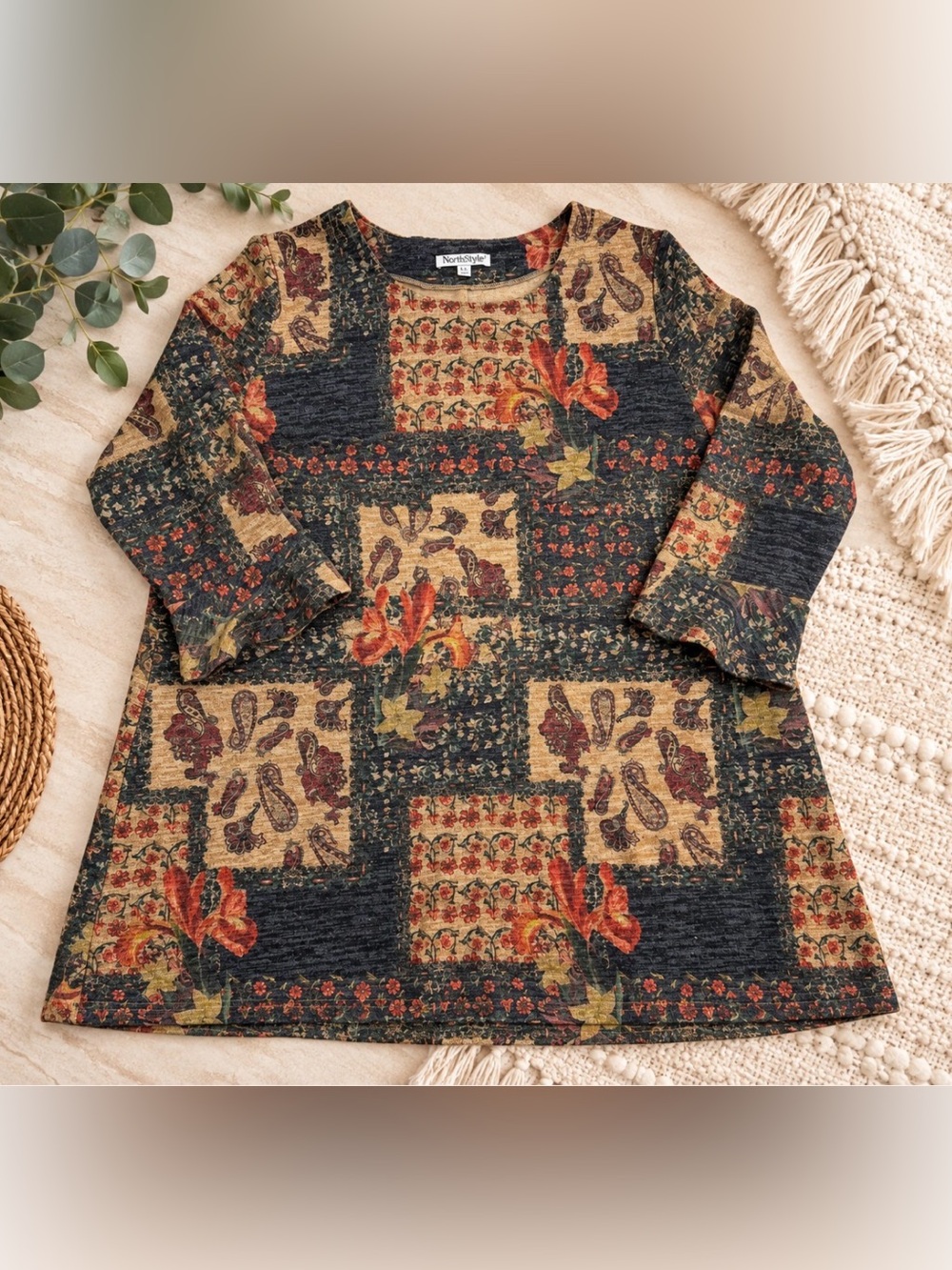 NorthStyle 1X Boho Patchwork Paisley Floral Tunic Top Long Sleeve